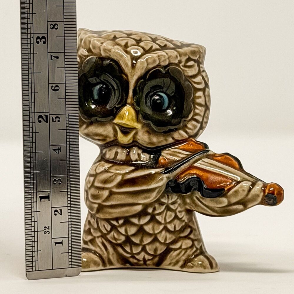 Vintage Owl Figurine Violin Player Japan Ceramic Big Eyes 3 Inch - Picture 8 of 8